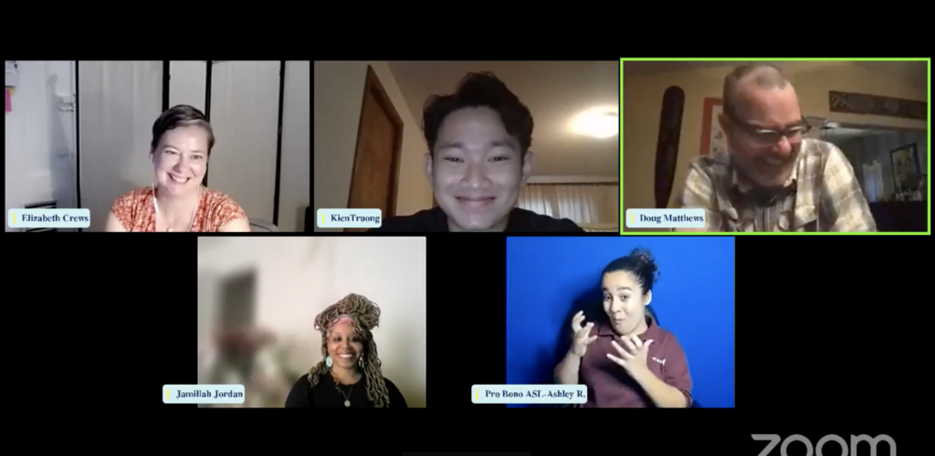 Screenshot of zoom with some of the panelists smiling